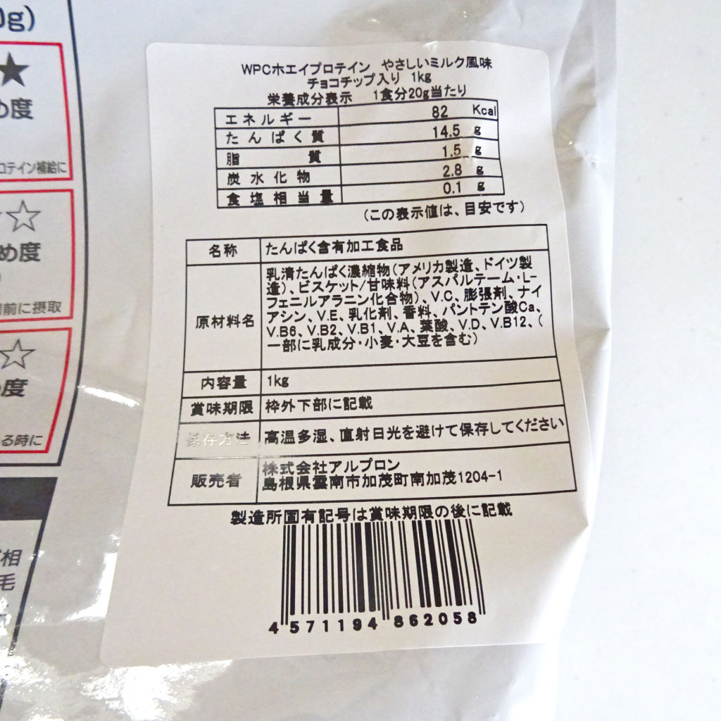 ALPRONミルクチョコチップ成分